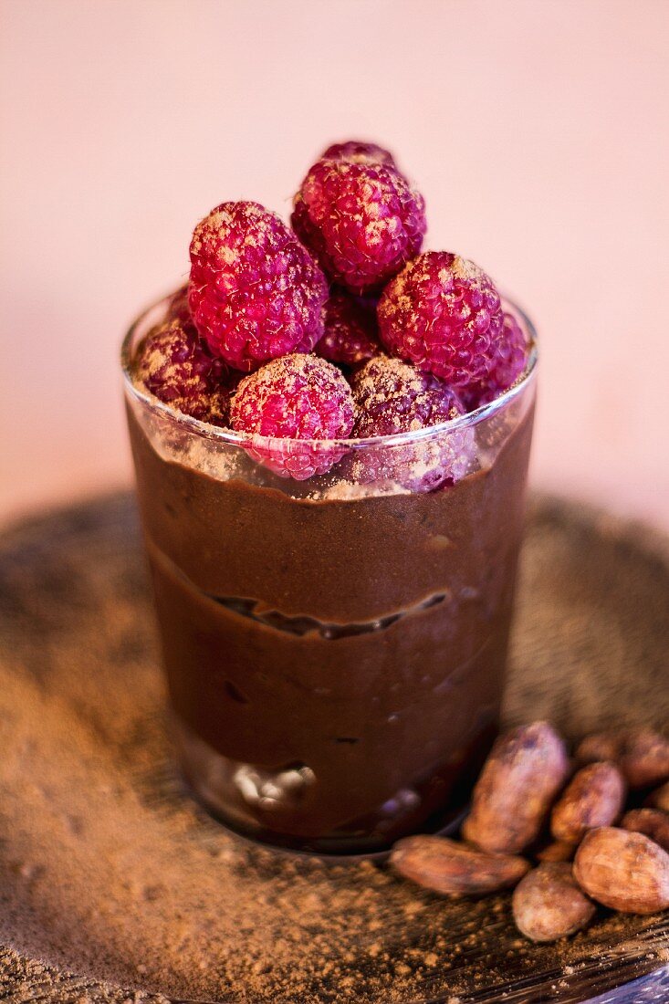 Chocolate and avocado mousse with raspberries