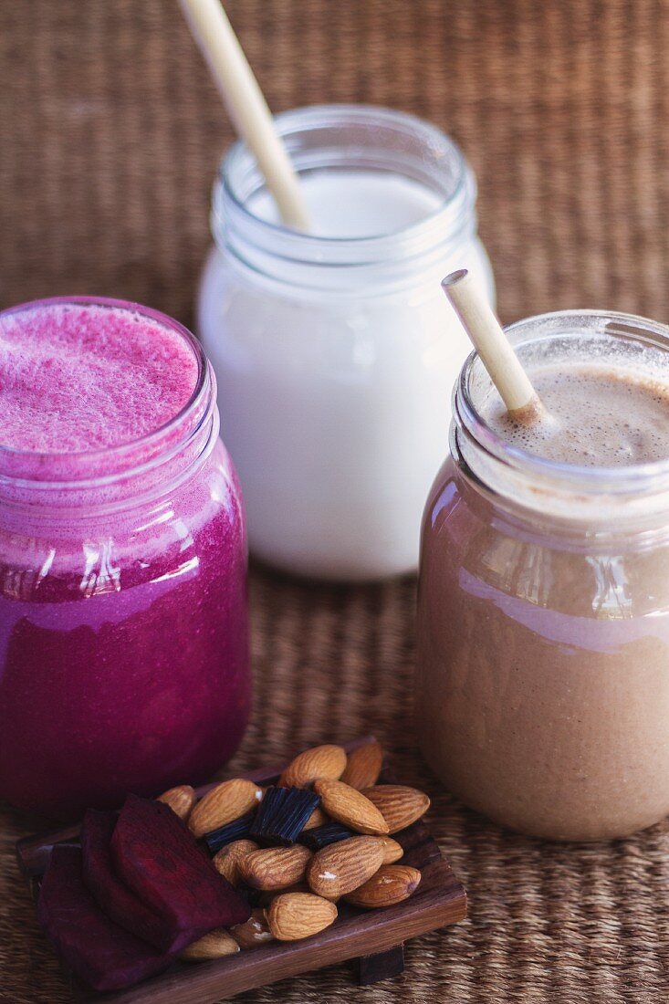 Assorted smoothies (beetroot, cocoa and almond milk)