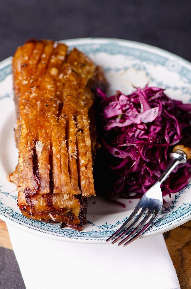 Pork belly with purple coleslaw