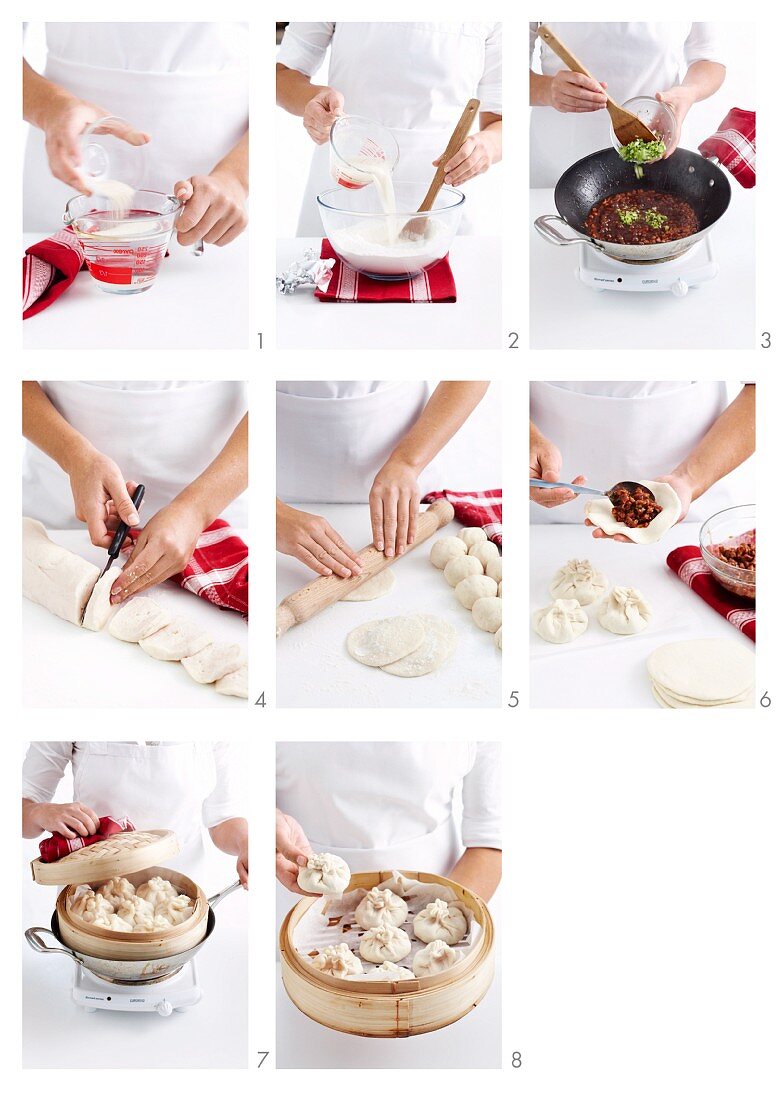 Char Siu Bao (steamed pork dumplings, China) being prepared