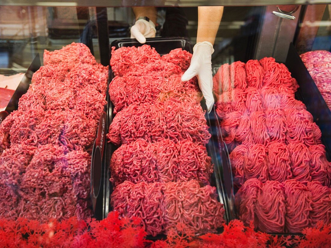 Minced meat on display in a meat section