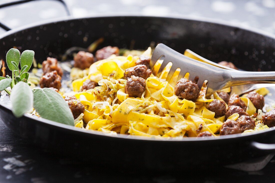 Tagliatelle with meatballs and sage