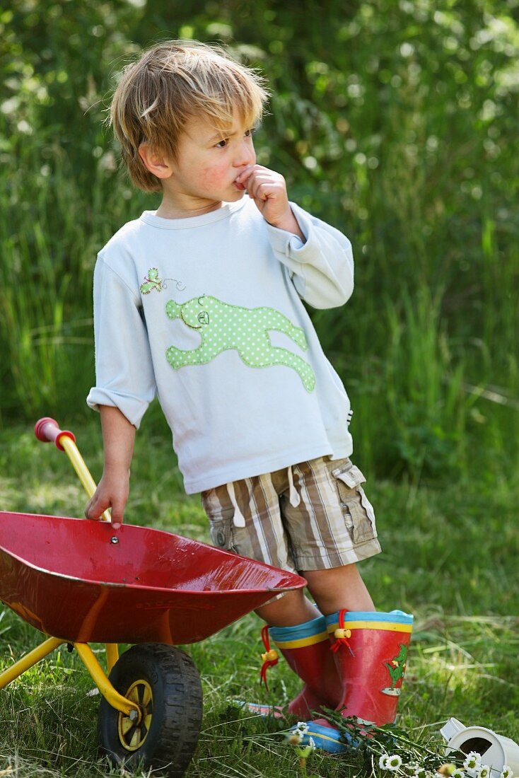 Child wearing hand-sewn top with frog motif standing next to red wheelbarrow on lawn