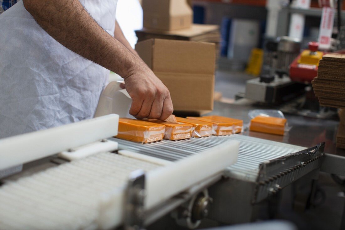 Man operating packaging machine for vegan cheese (USA)