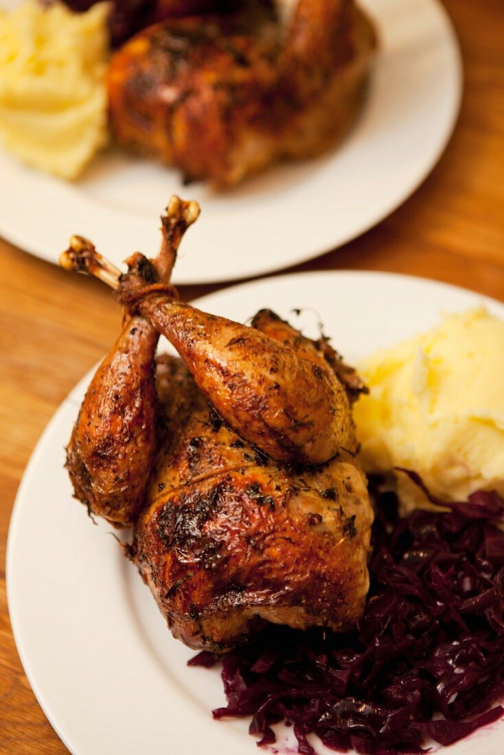 Roast pheasant with red cabbage and mashed potato