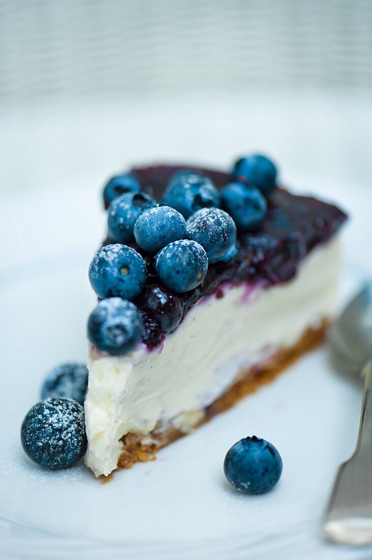 a slice of blueberry cheesecake with a spoon