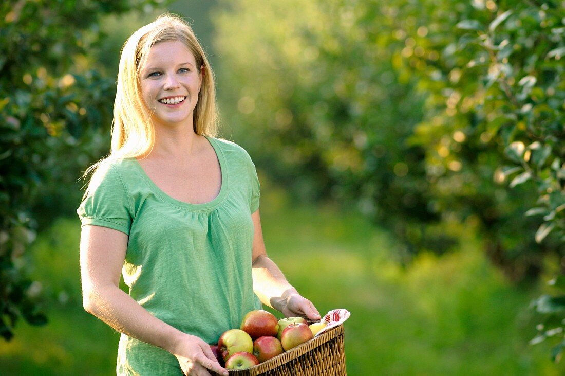 Junge Frau hält Korb mit frisch gepflückten Äpfeln