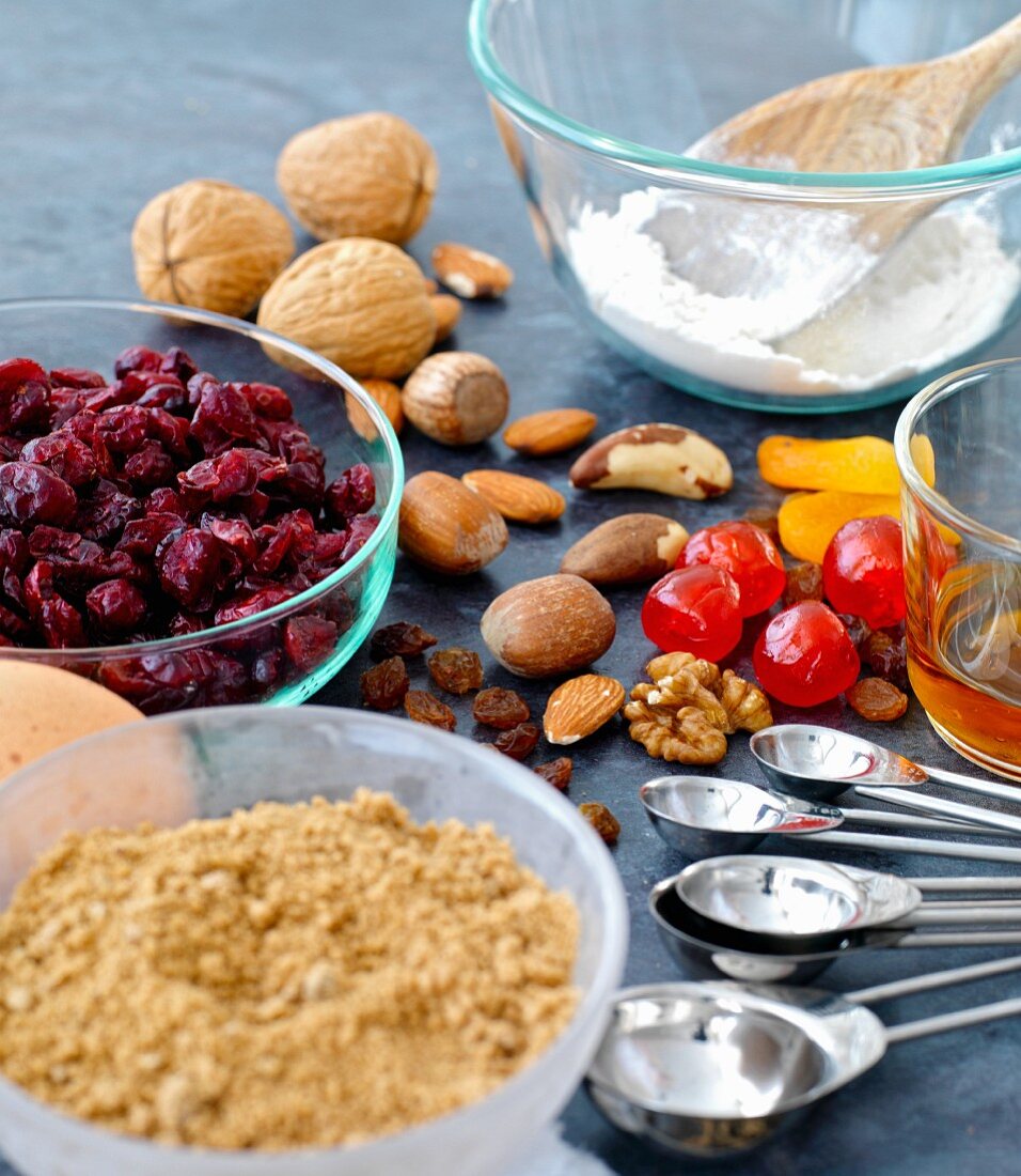 ingredients for fruit and nut cake