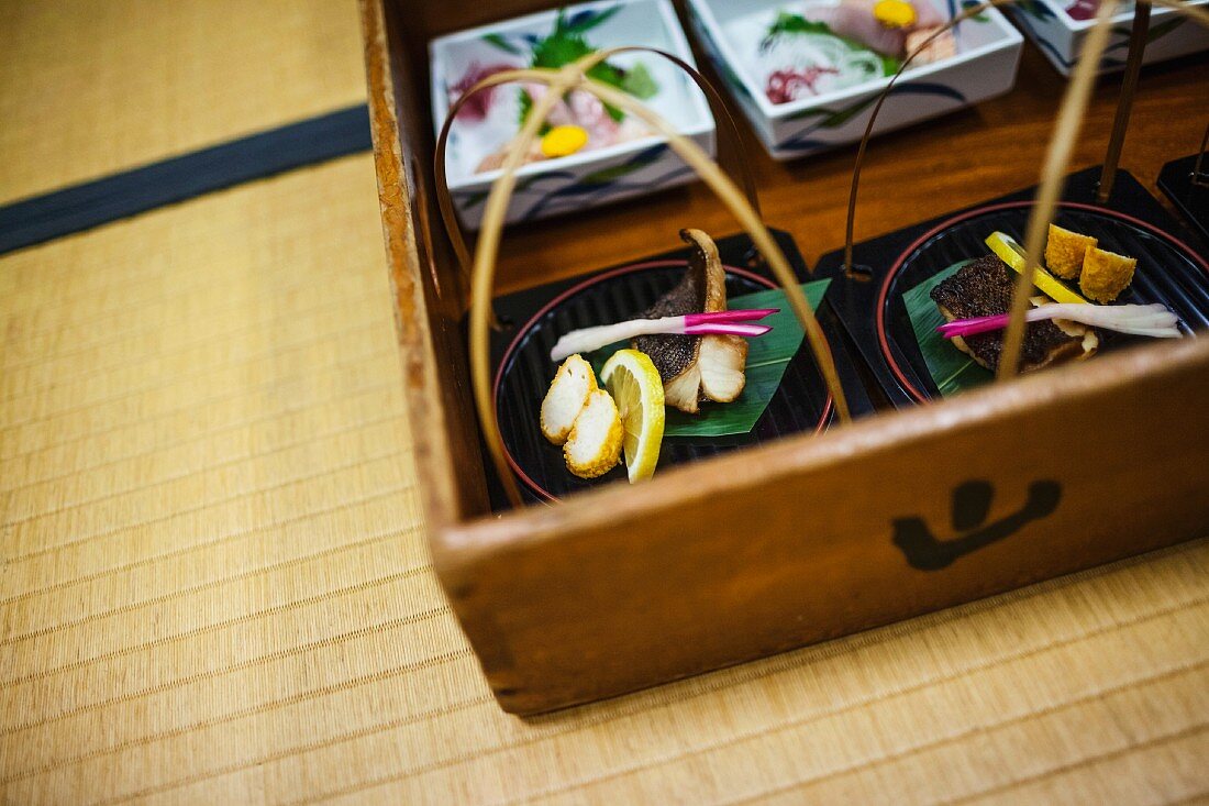 Small Dishes of Fish and Vegetables, Kaiseki Style, Close Up, Japan