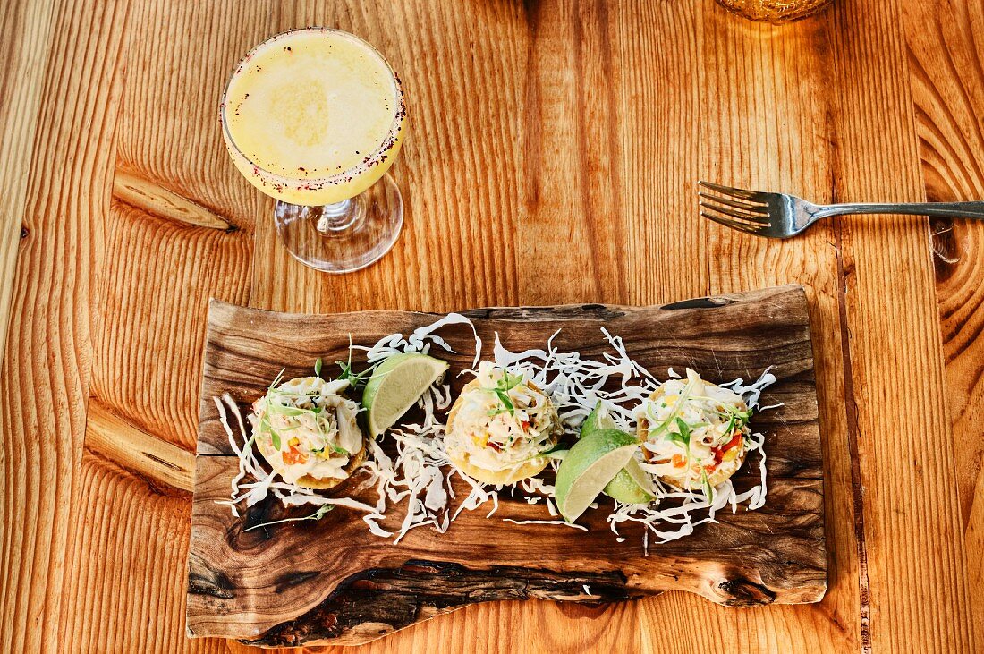 Crab Tostadas and Frozen Cocktail, High Angle View