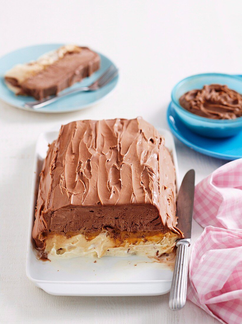 Chocolate ice cream cake with caramel and nougat