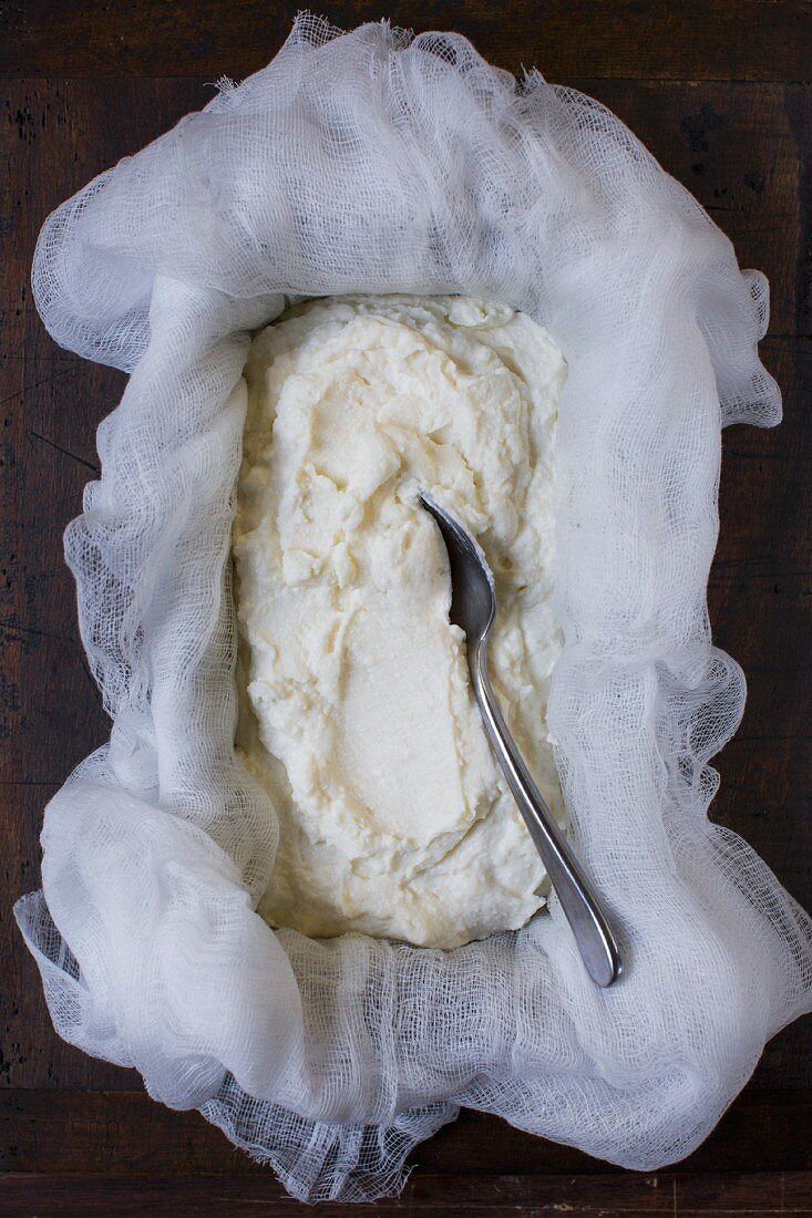 Ricotta Cheese with Spoon, High Angle View