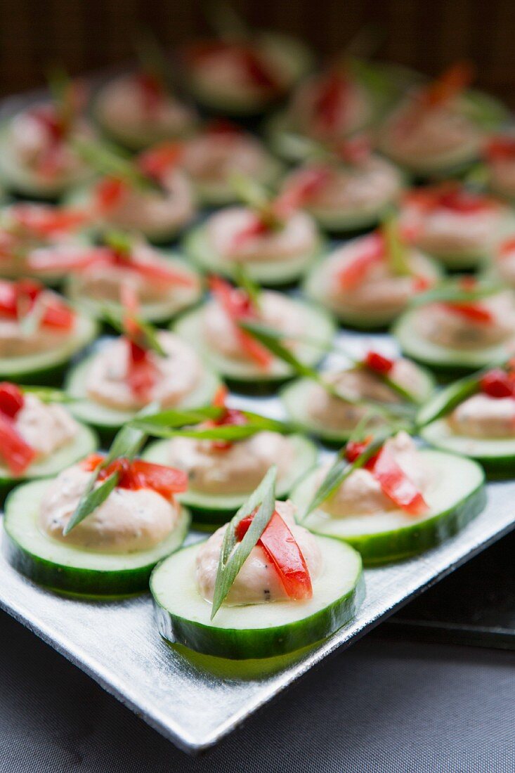 Cucumber Appetizers with Vegetable Mousse, Sliced Scallions and Tomatoes