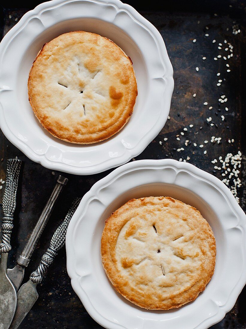 Zwei hausgemachte Pies mit Sesam (Draufsicht)