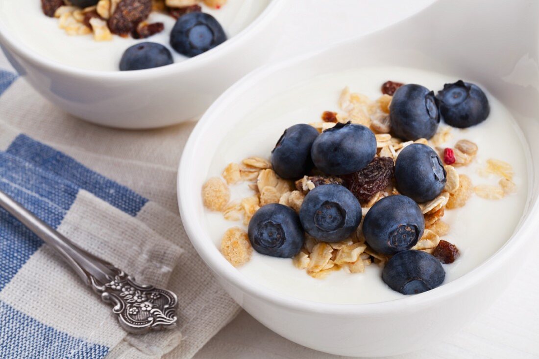 Natural yogurt with cereals and blueberries in a muesli bowl