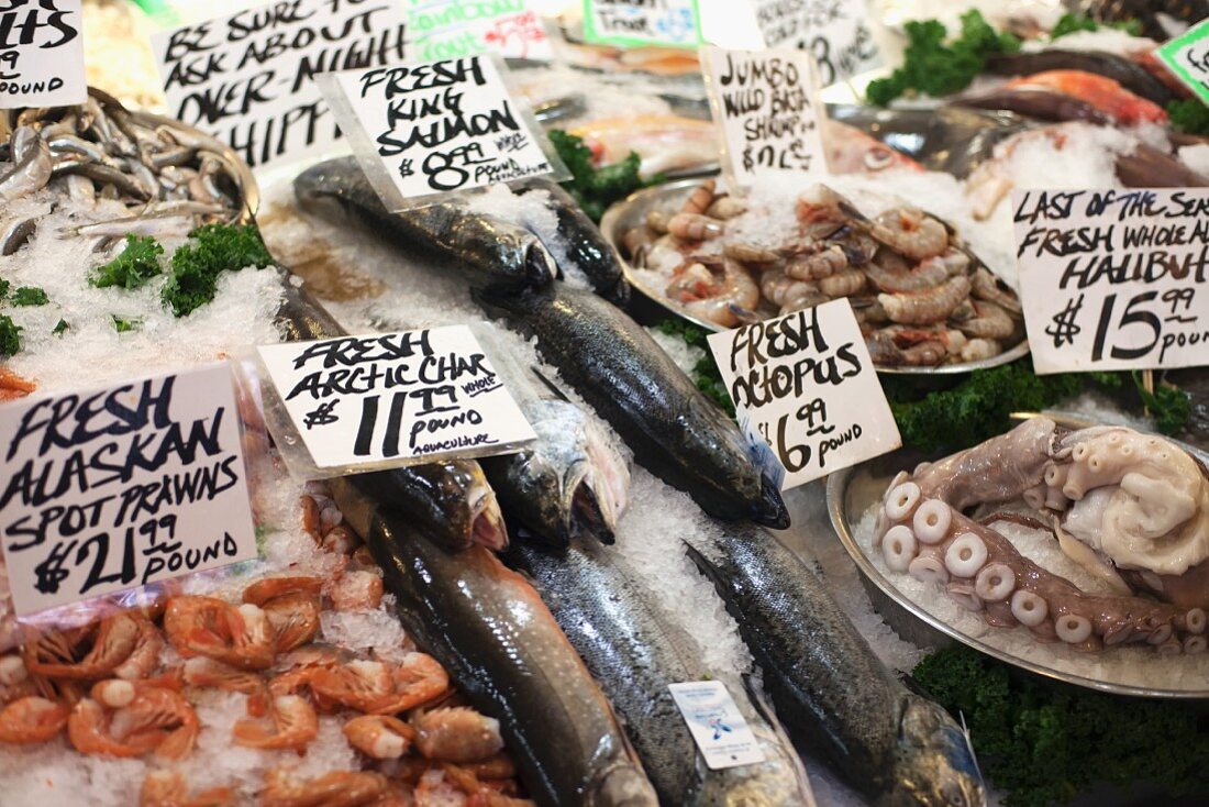 Fresh seafood display at a fish market
