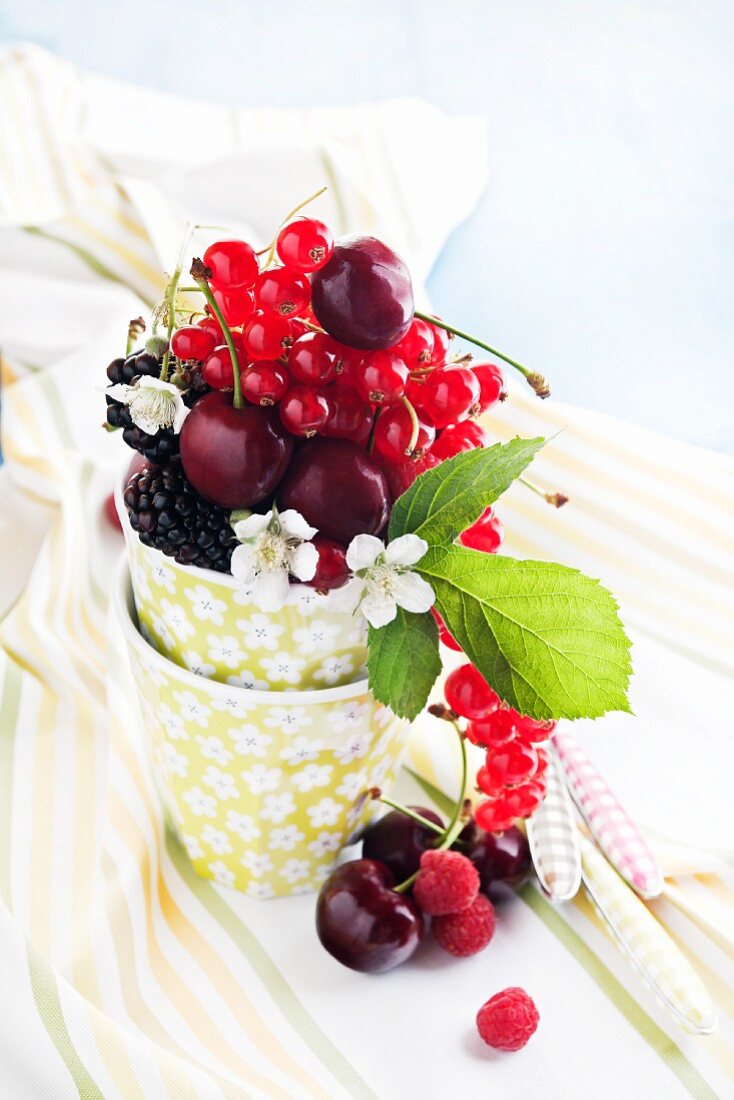 Various berries and cherries in a cup