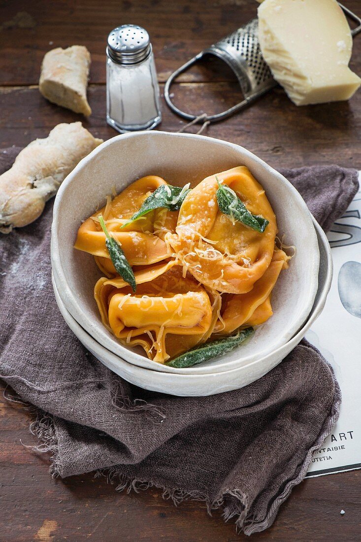 Pumpkin tortellini with goats cheese ricotta and sage