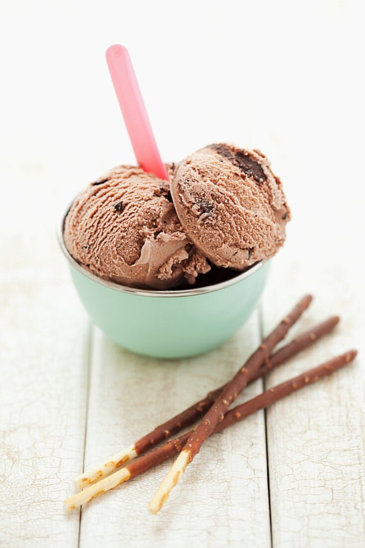 Chocolate ice cream with chocolate-dipped biscuit sticks