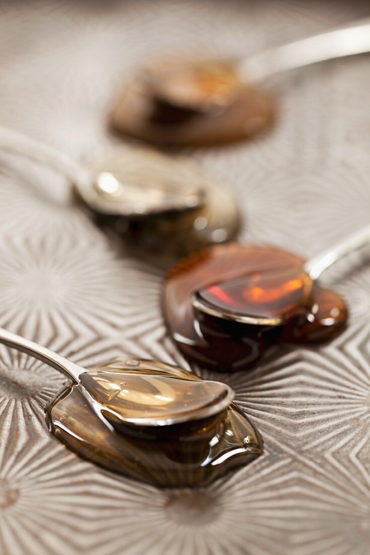 Four types of honey on spoons