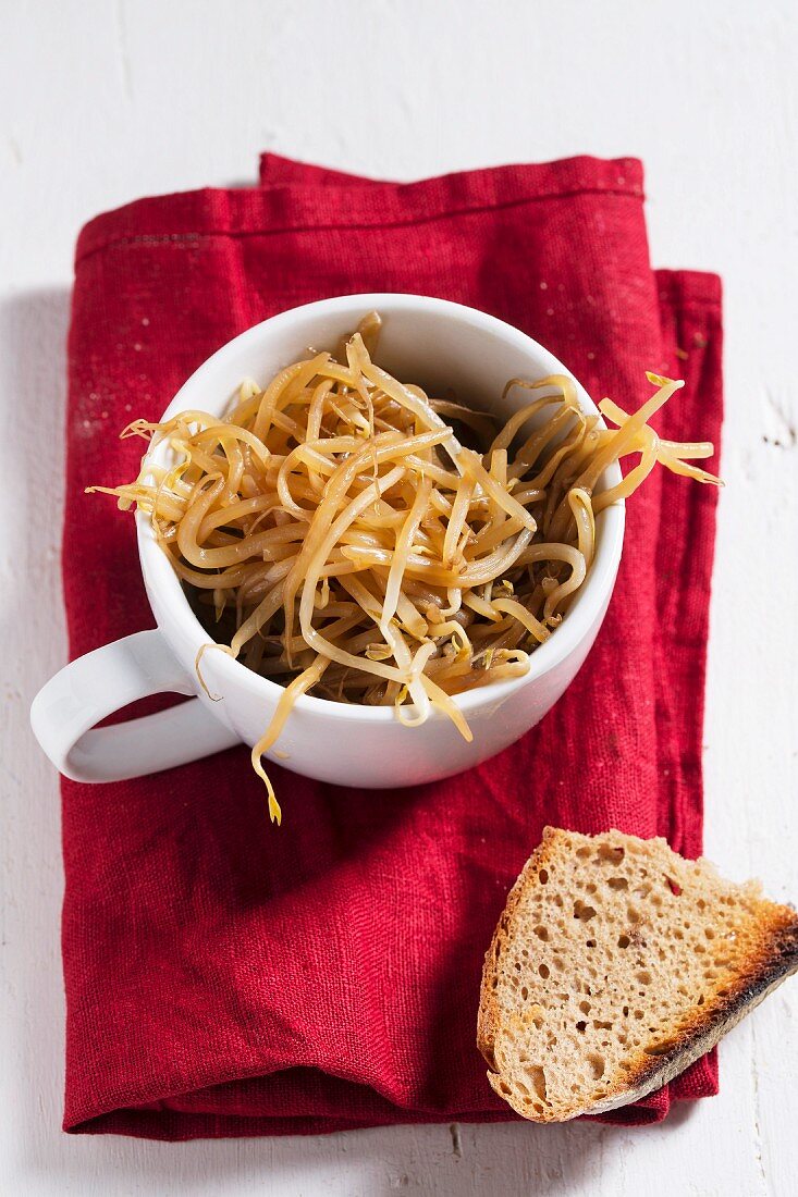 A cup of bean sprouts sautéed in soy sauce