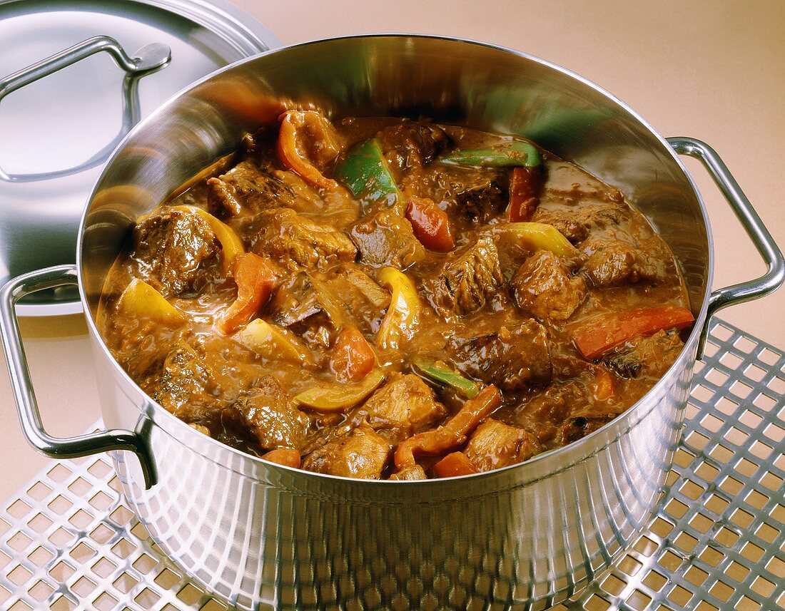 Hungarian goulash in a cooking pot