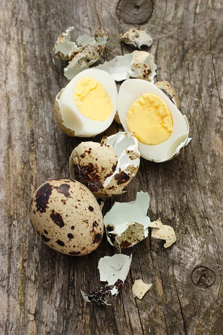 Boiled quail's eggs, one shelled