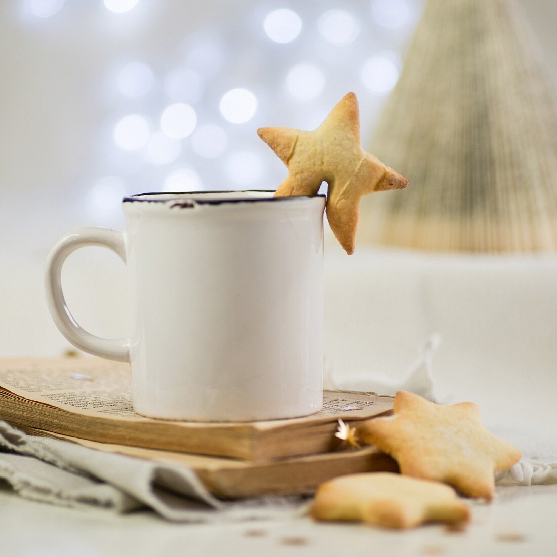 A cup of hot chocolate and star shaped sables for Christmas