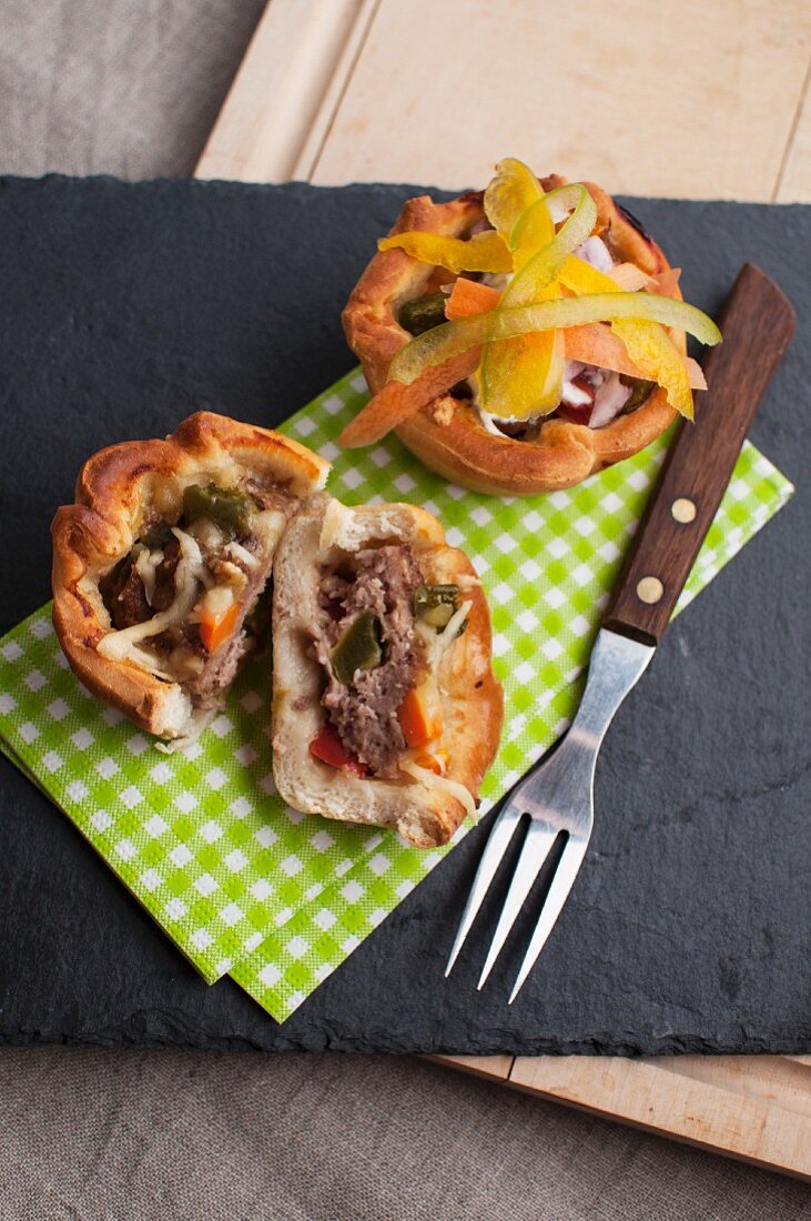 Peter tarts with minced beef, vegetables, peppers, carrots and cheese