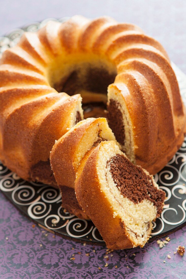 A marbled Bundt cake, sliced