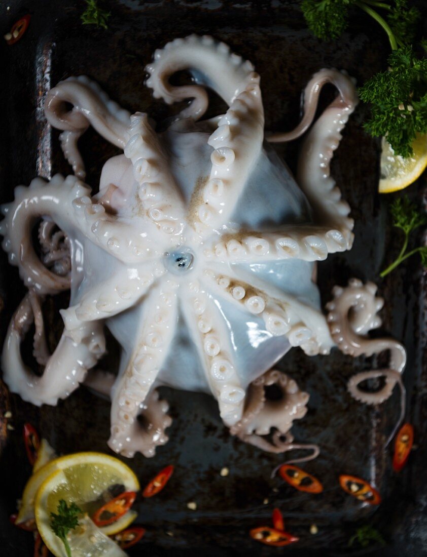 An octopus with chilli peppers and lemon on a baking tray