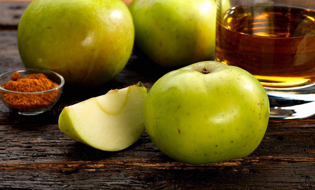 Bramley apples, ale and curry powder (ingredients for apple and curry chutney with ale)