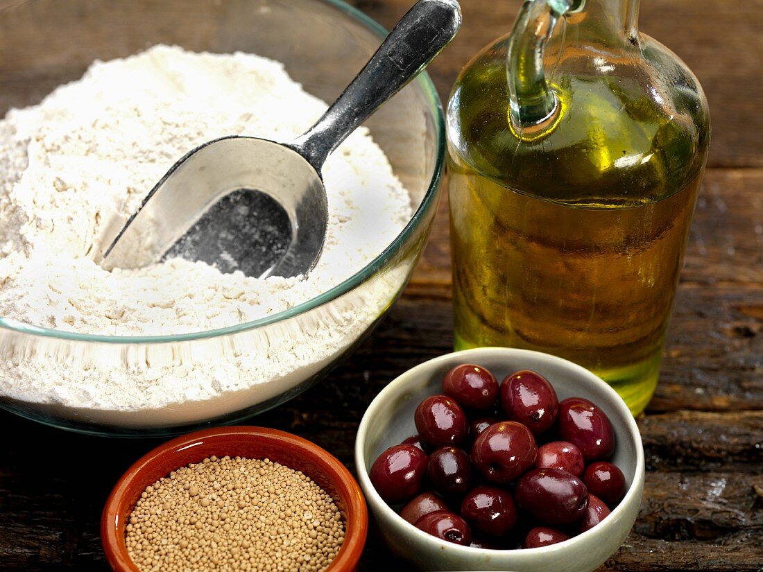 Ingredients for foccacia with olives
