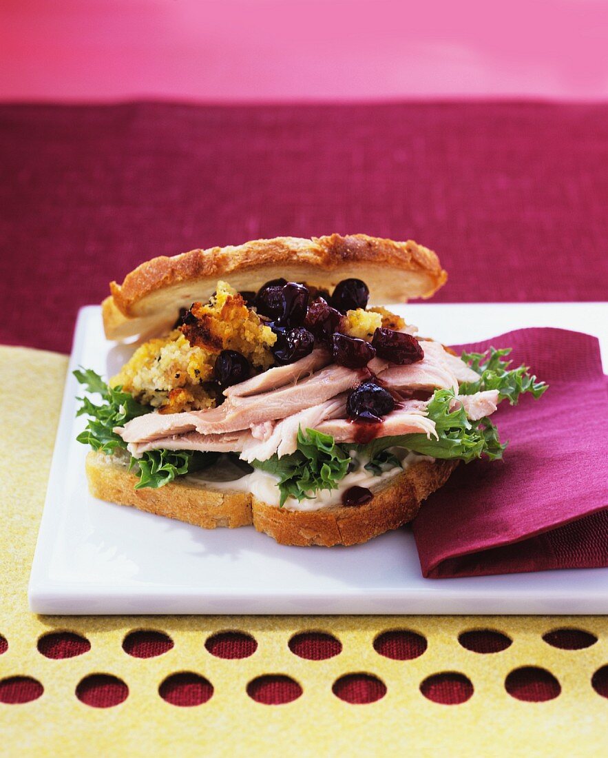 Turkey sandwich with stuffing and cranberries