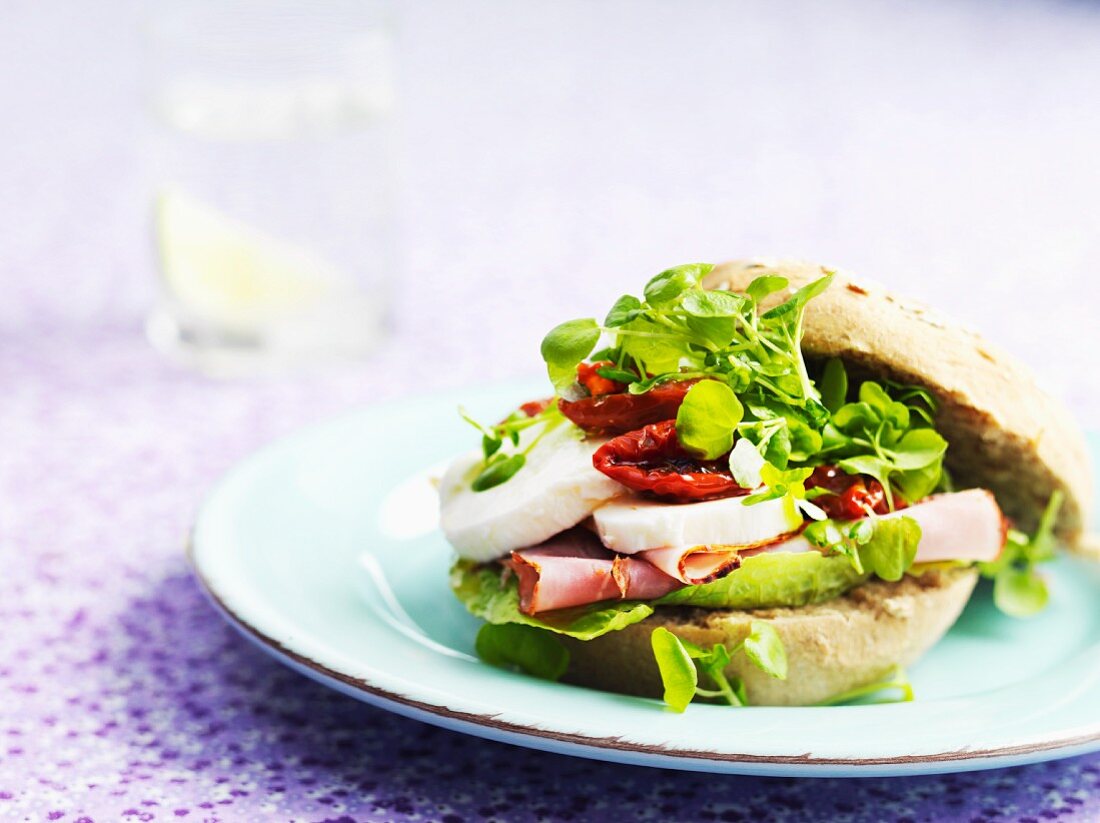 Sandwich mit Halloumi, Hähnchenbrust und Salat