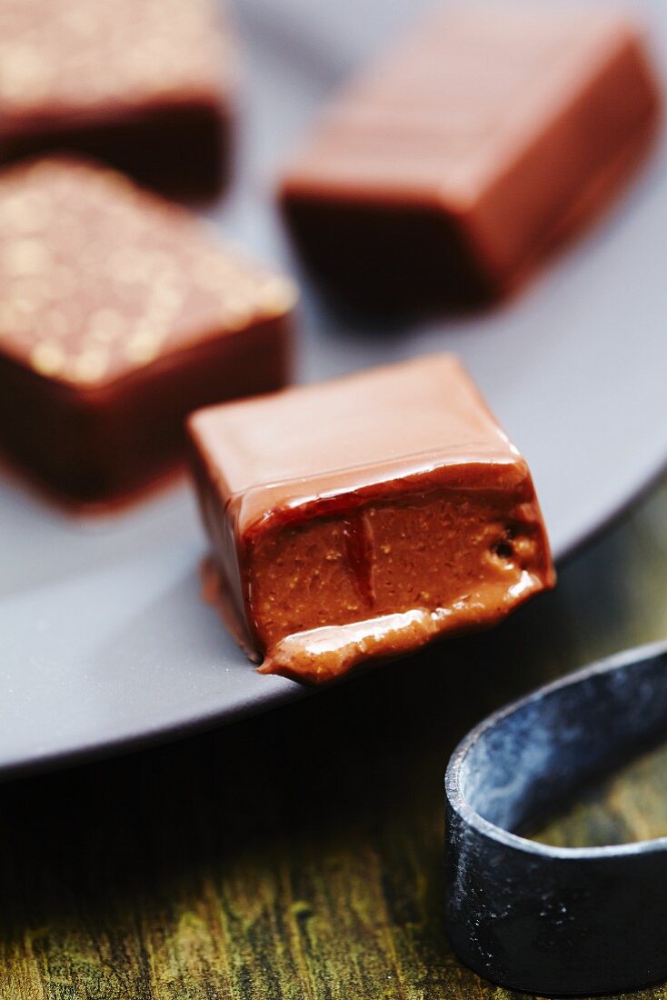 Chocolate nut pralines, close-up