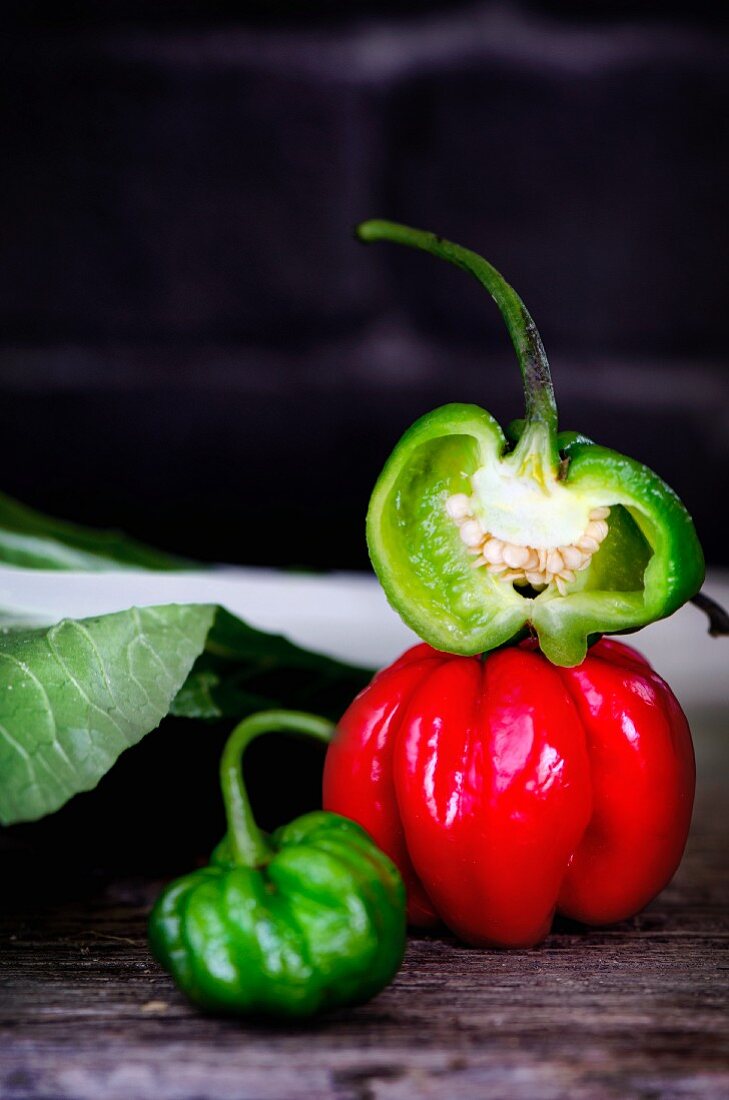 Fresh Scotch Bonnet chillis with bok choy