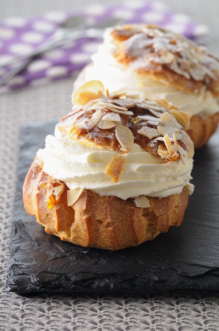 Profiteroles with cream and slivered almonds