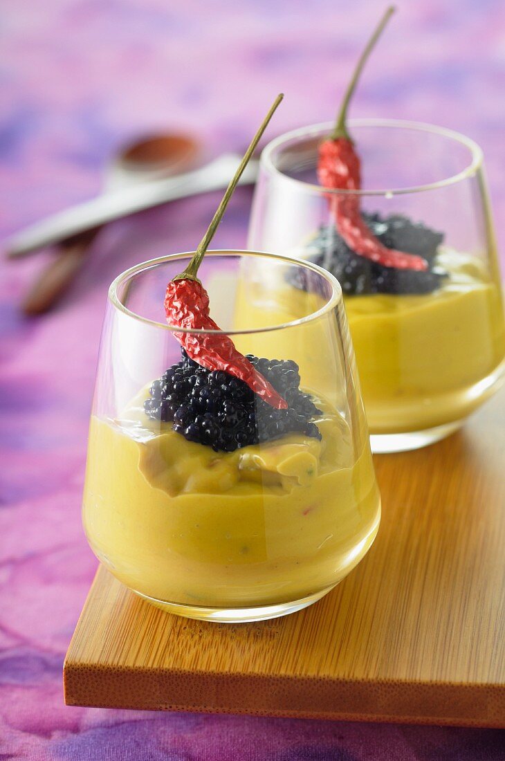 Avocado mousse with caviar and dried chilli peppers