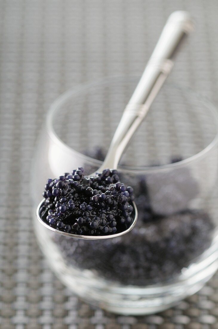 Kaviar auf Löffel und im Glas