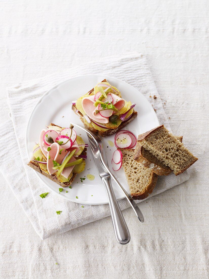 Rye bread topped with potato salad, sausage and radishes