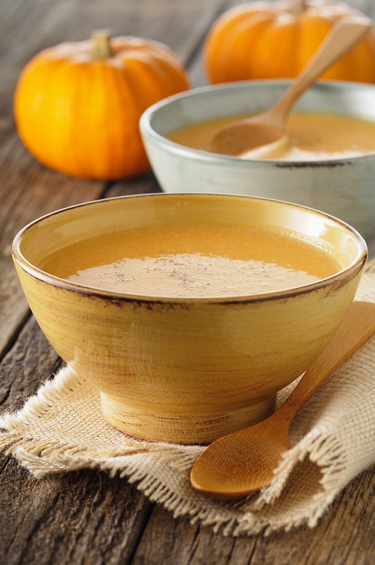 Cream of pumpkin soup in a soup bowl
