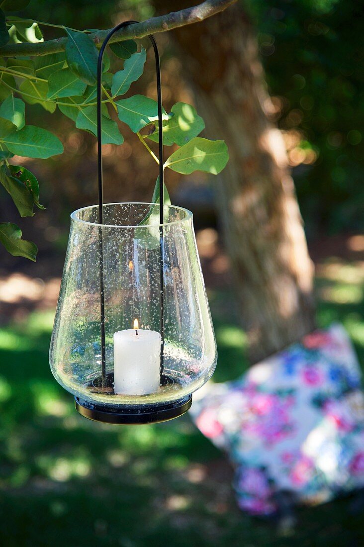 Lit candle in candle lantern hanging from branch