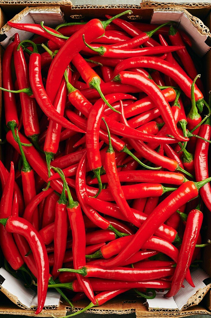 Chilli peppers in a cardboard crate