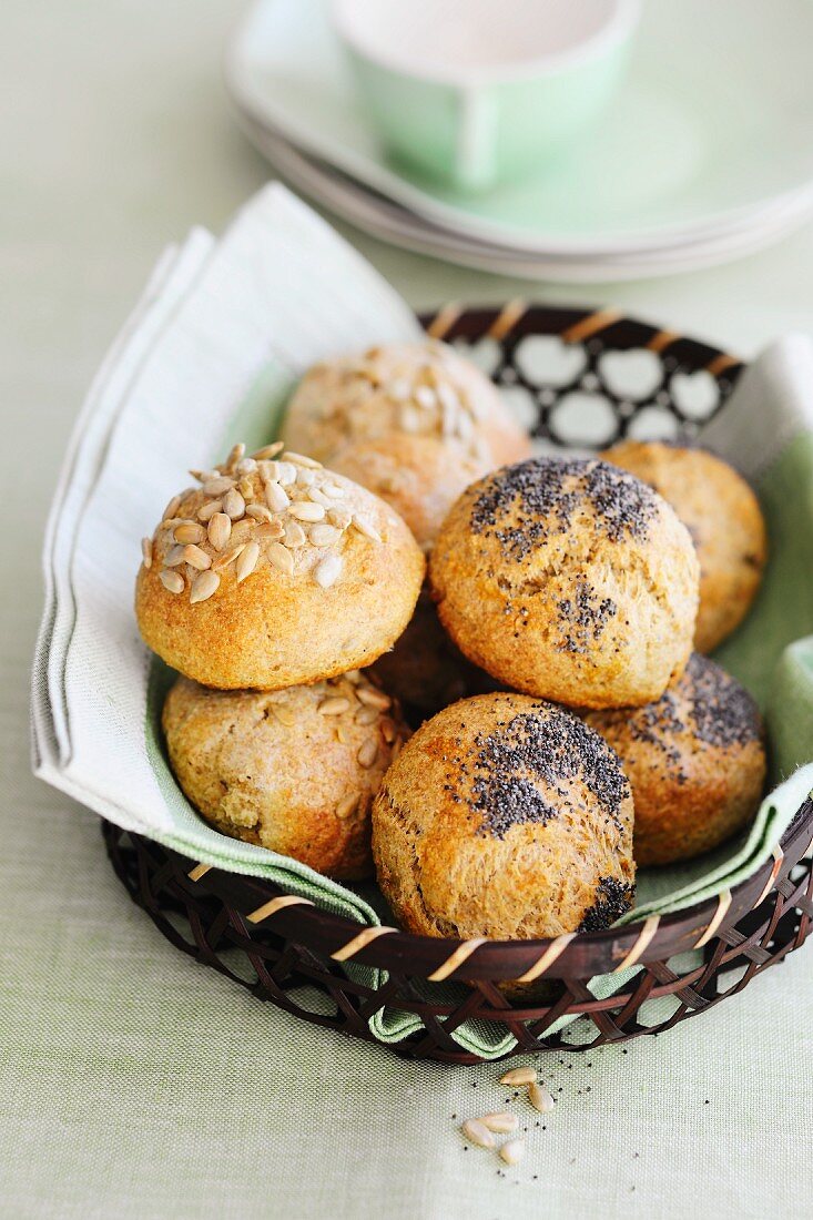 Assorted bread rolls in a basket