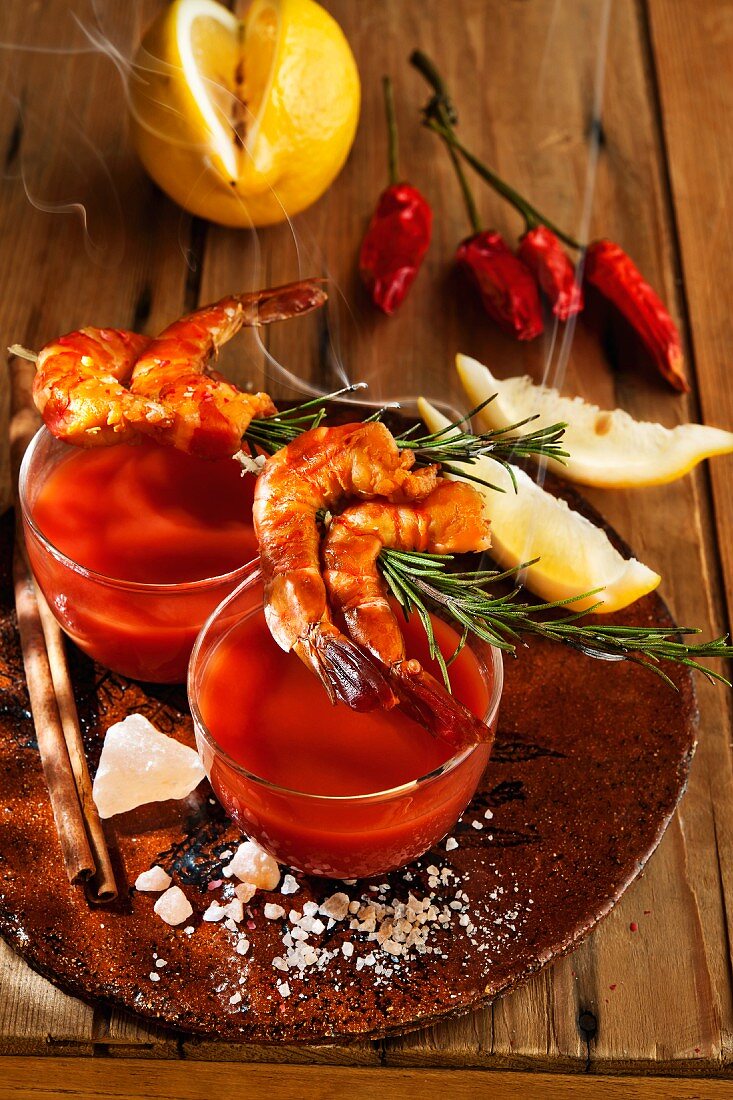 Gazpacho with prawn and rosemary skewers