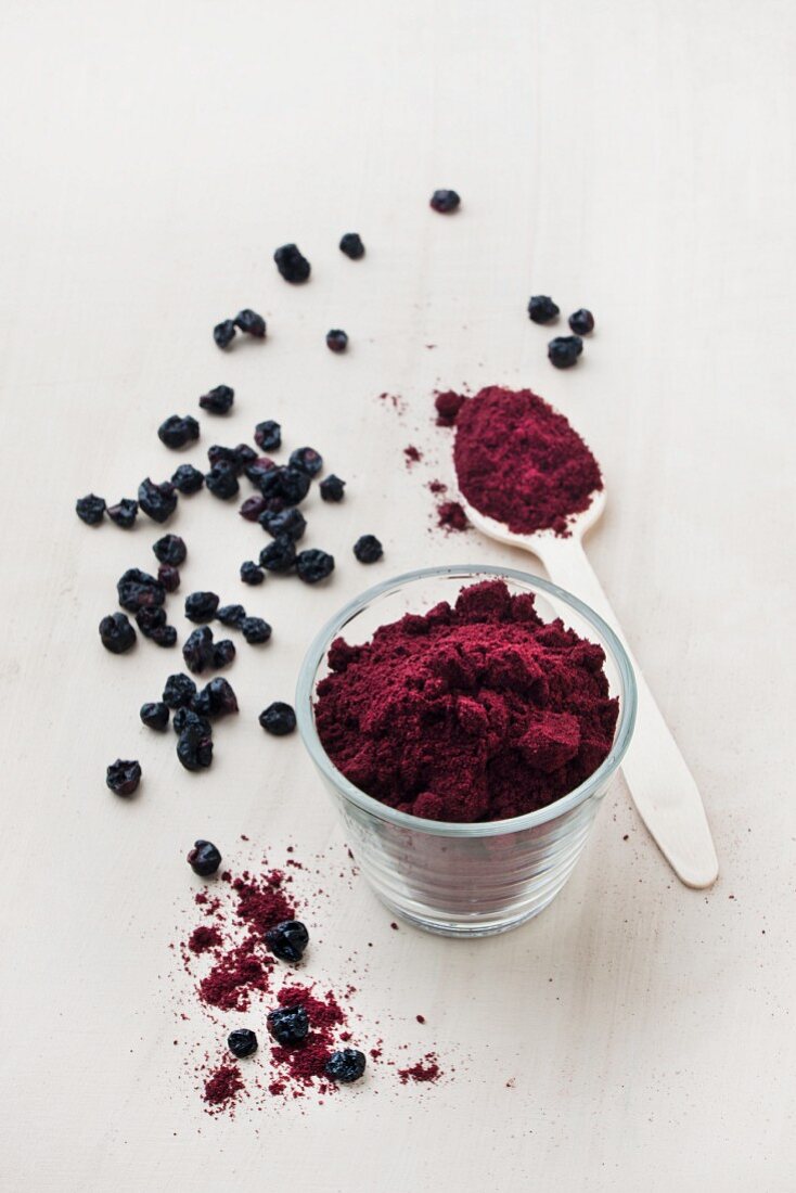 Blackcurrant fruit powder in a glass and on a spoon