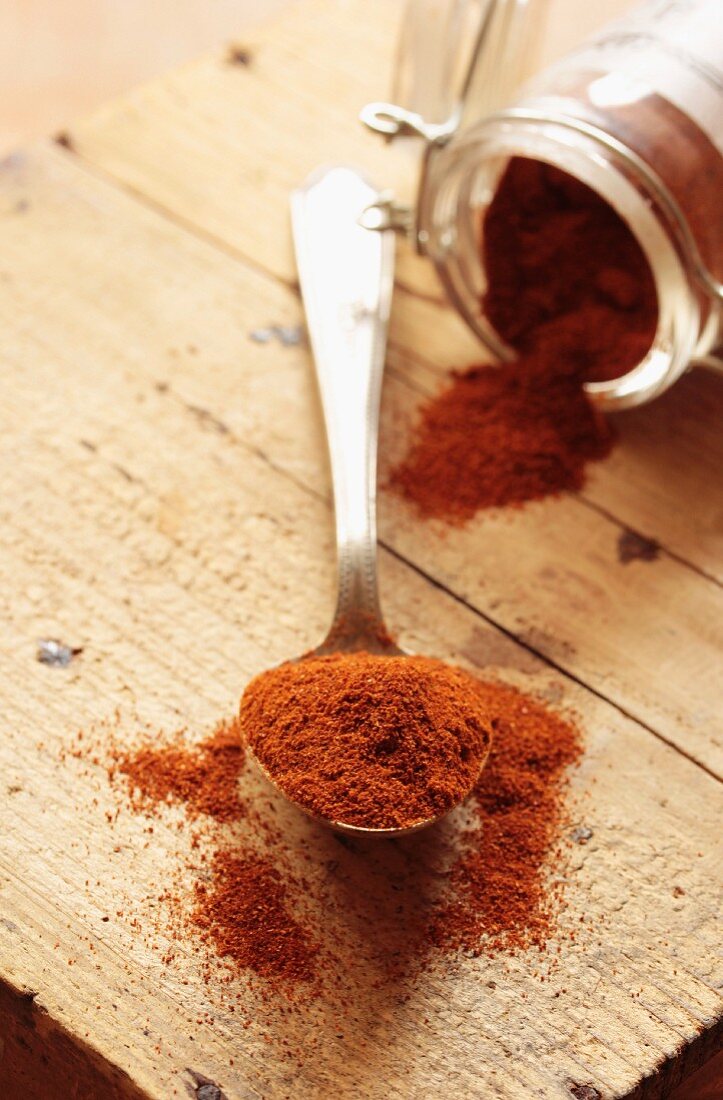 Paprika powder on a spoon and in a jar