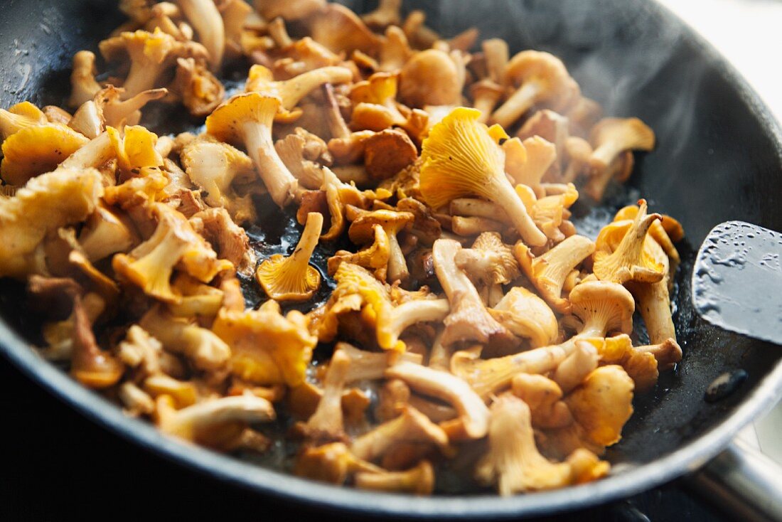 A pan of chanterelle mushrooms