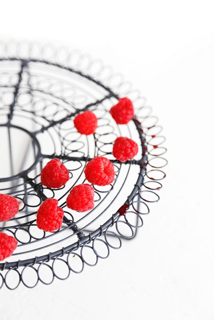 Raspberries on a wire rack